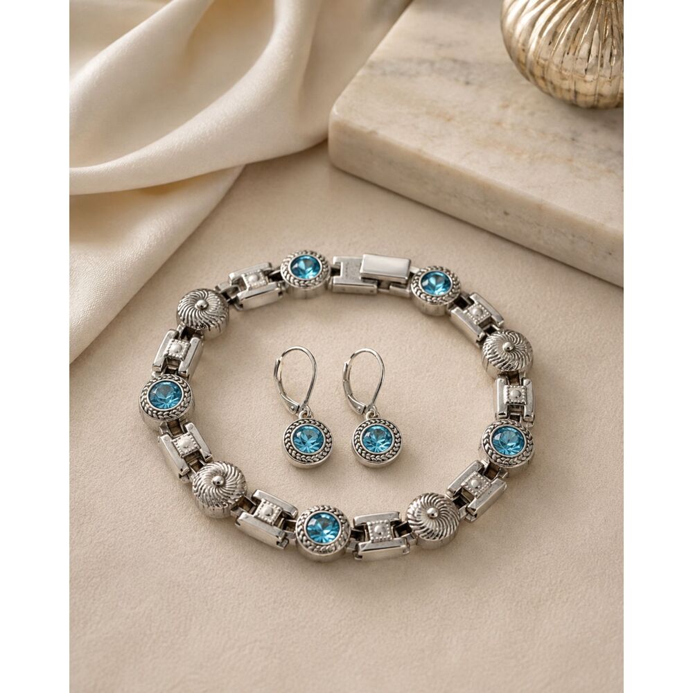 Vintage Napier Blue Crystal Bracelet Earrings Set Silver Tone Art Deco Glam